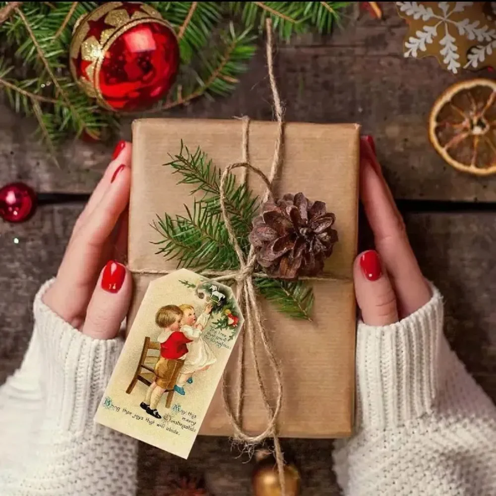 50 Gift Tags Vintage Style Merry Christmas Wishes Paper‎ Blessing Cards w/ Twine
